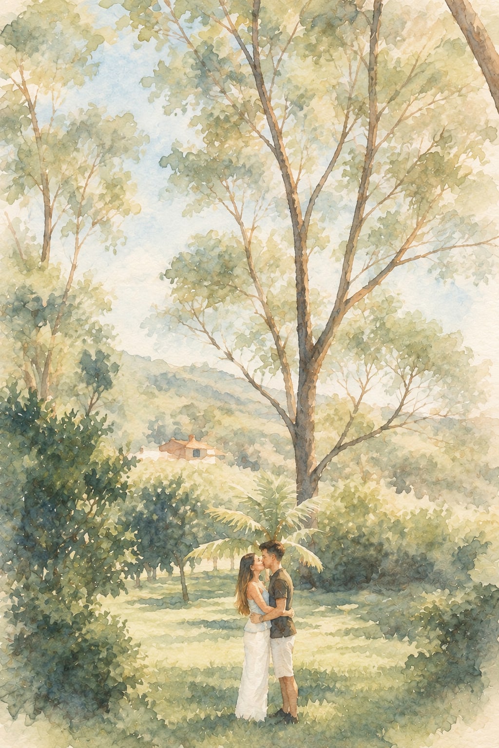 Letícia e Felipe se beijando num bosque, em aquarela